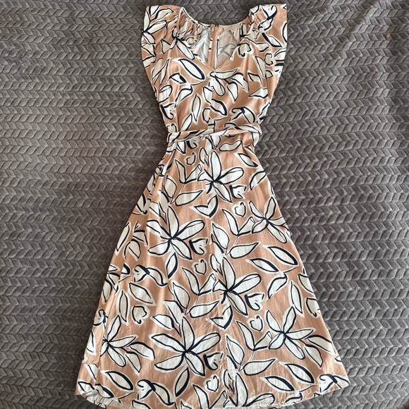 LOFT Tan and Black Floral Midi Dress - Picture 1 of 4